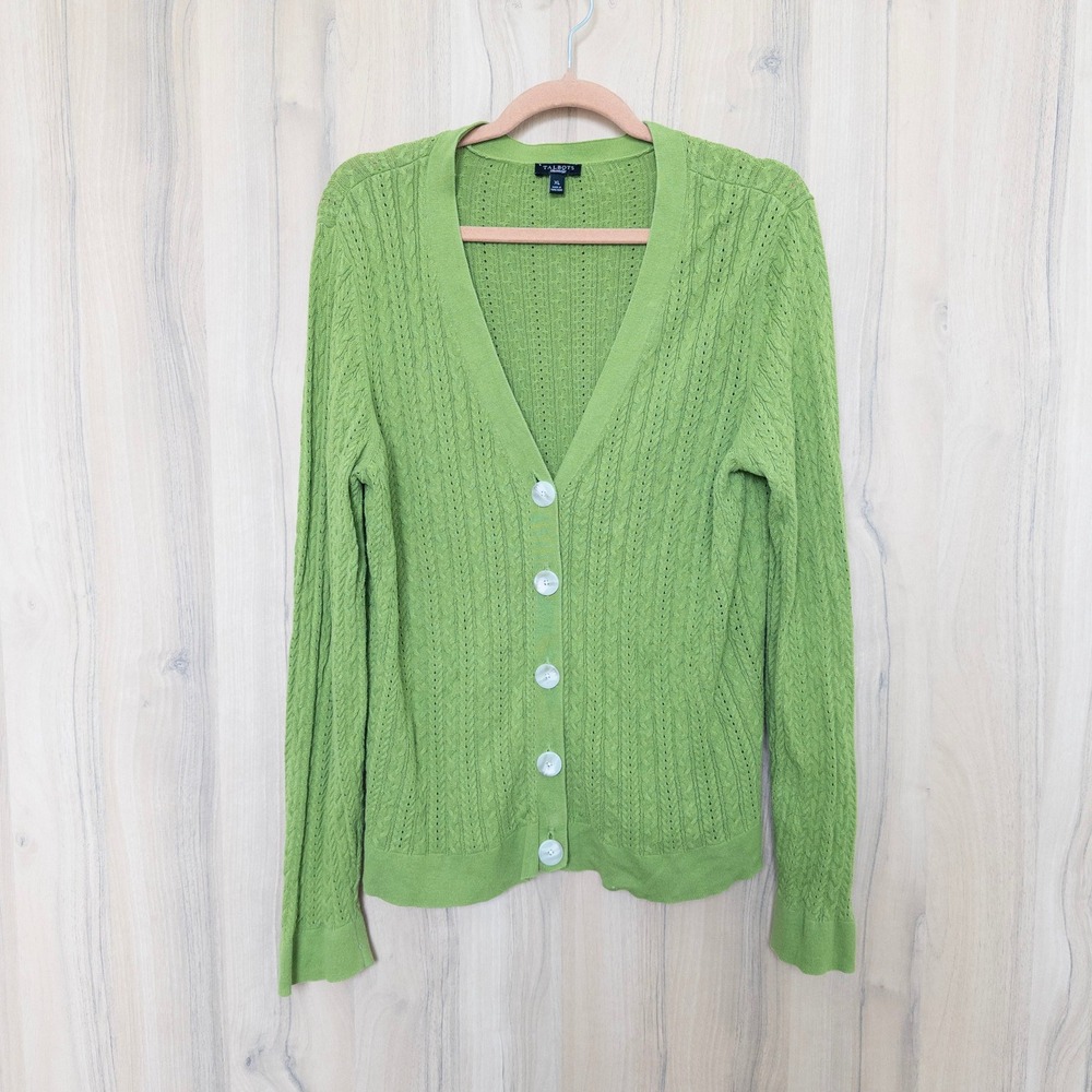 Talbots Womens Cable Knit Cardigan XL Green V-Neck Cotton Cottage Preppy Classic